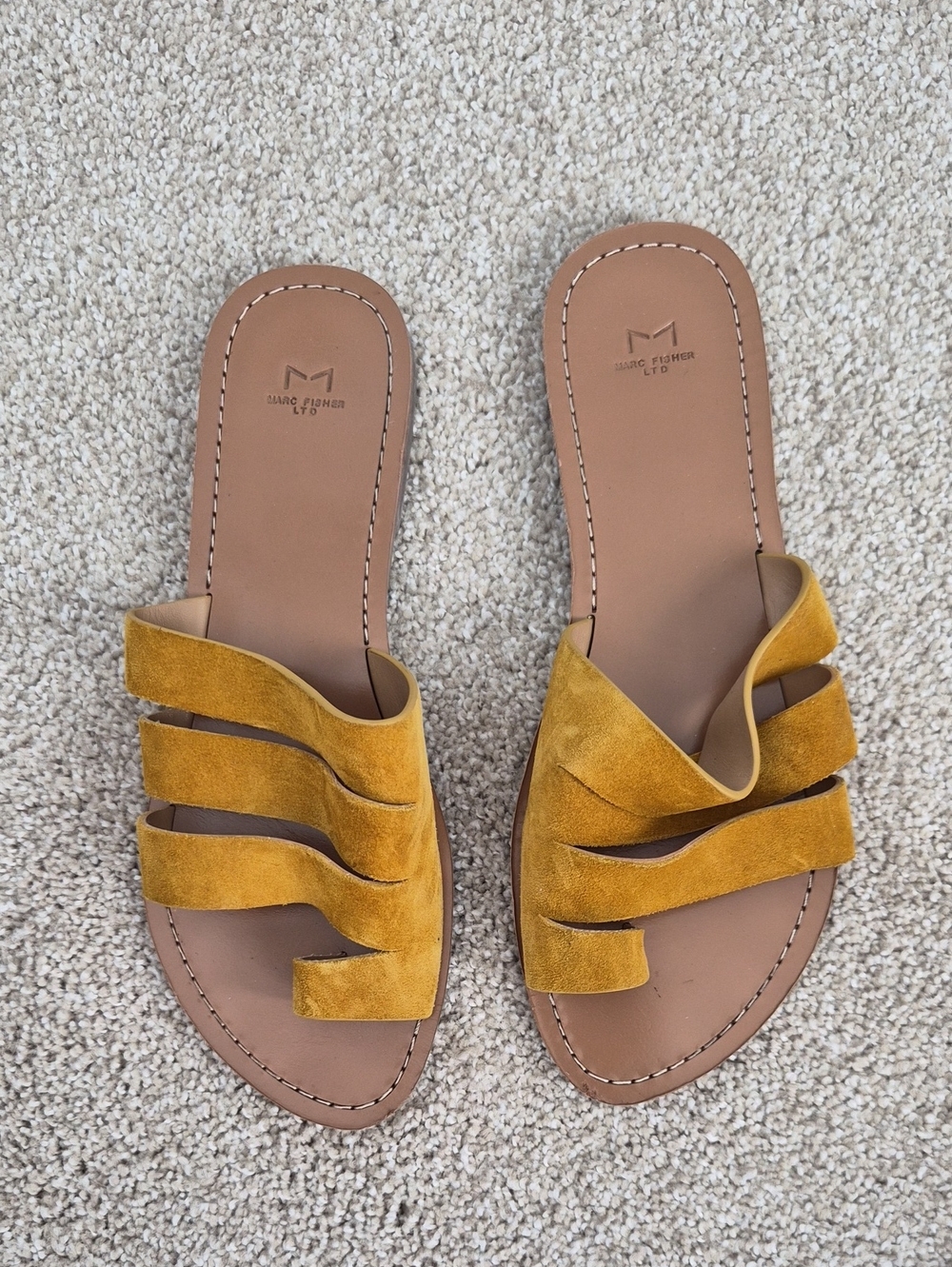 Marc Fisher Mustard Yellow Suede Multi-Strap Slide Sandals Sz 8.5